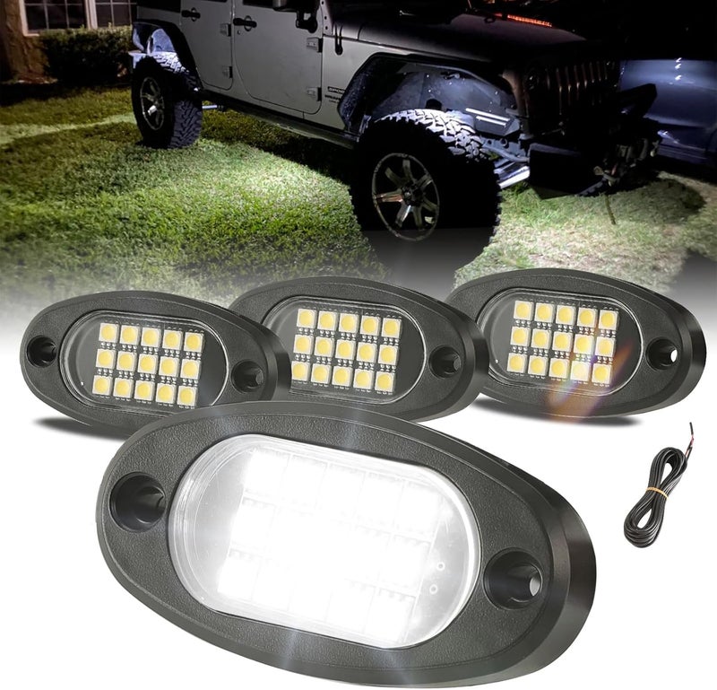 Winunite 4 Pods White Rock Lights 6000K Pure White UnderGlow Light with Extension Wires, IP67 Waterproof for Trailer Off Road Trucks Sedans SUV ATV UTV Boats - Image 1
